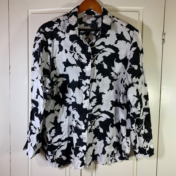 J.Jill Floral Linen Button Down‎ Shirt Long Sleeve L Petite Church Office Summer - Picture 1 of 12